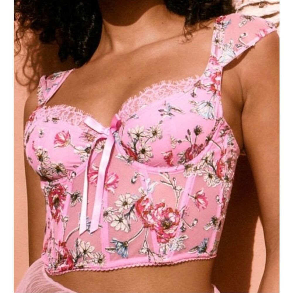 Victoria’s Secret Dream Angel long line embroidered Bustier Nwt Medium Pink Flor